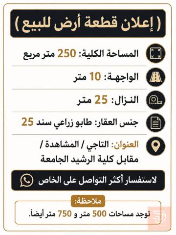 قطعة أرض بمساحة ٢٥٠ متر للبيع في بغداد