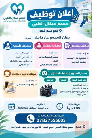 مساعد طبيب وموظفات استقبال وسكرتارية ومصورين — عموم العراق