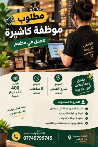 موظفة كاشيرة لمطعم — كركوك